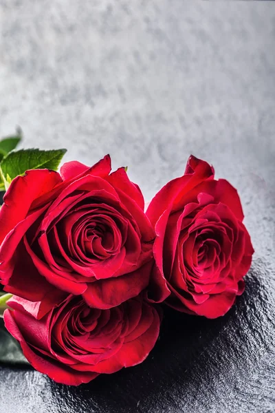 ¡Rose! Rosas rojas. Ramo de rosas rojas. Varias rosas sobre fondo de granito. San Valentín, fondo del día de la boda. pétalos de rosa y corazones cajas de regalo de San Valentín. San Valentín y frontera nupcial. Aguas gotas sobre rosas pétalos — Foto de Stock