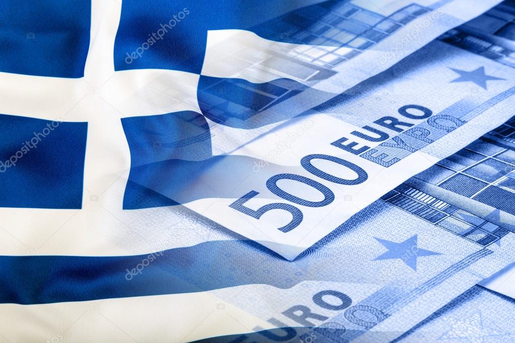 Greece flag. Euro money. Euro currency. Colorful waving greece flag on a euro money background