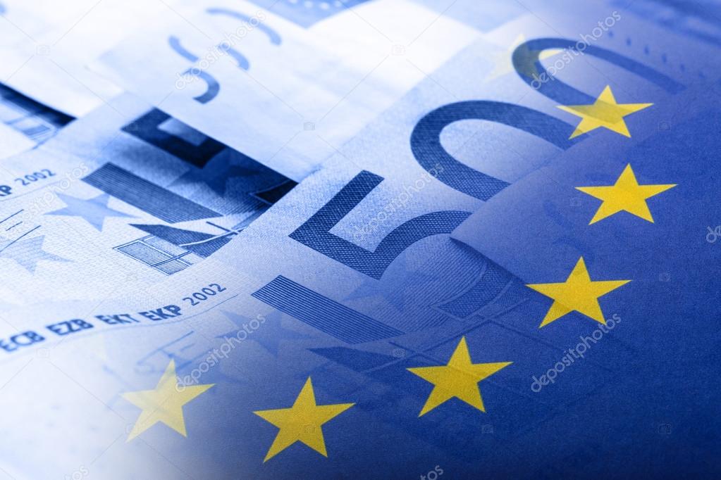Euro flag. Euro money. Euro currency. Colorful waving european union flag on a euro money background