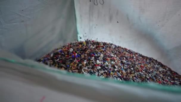 Čištěné PET vločky se nalijí do vaku. Recyklace plastů. — Stock video