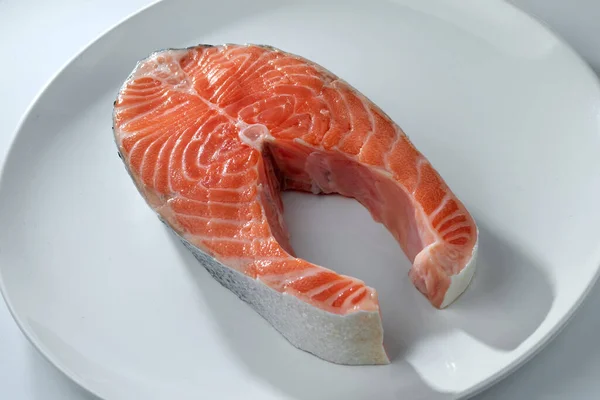 Salmon Steak White Plate Selective Focus — Stock Photo, Image