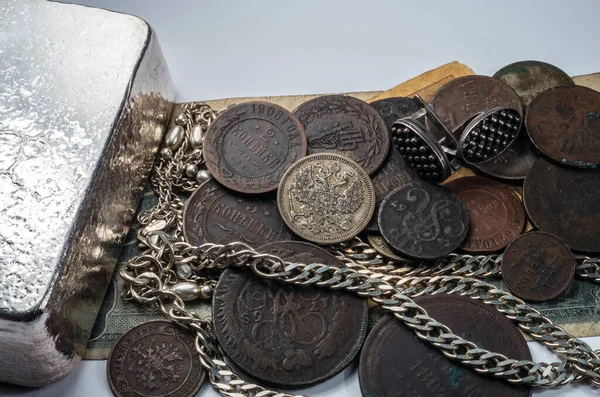 Koin Perak Dan Perunggu Antik Perak Perak Batangan Dan Perhiasan — Stok Foto