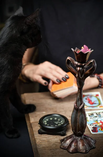 Waarzegster Met Zwarte Kat Legt Een Houten Tafel Tarotkaarten Bij — Stockfoto