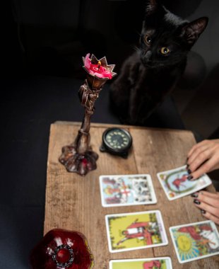 Black cat sitting near the table. The fortune teller lays out on a wooden table the tarot cards by the light of a candle. Selective focus. clipart