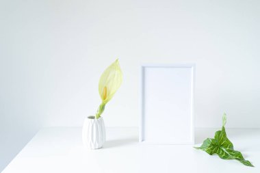 Beyaz masaya boş beyaz çerçeve modeli. Arum italikum çiçeği ve yeşil yapraklı modern beyaz vazo. Modern ve asgari yaşam tarzı. İskandinav iç tasarımı