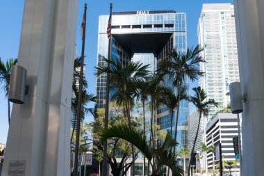 Miami, ABD-16 Mart 2018: Güneşli bir günde Miami şehir merkezindeki gökdelenlerin arasında yürümek.