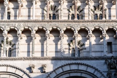 Lucca, İtalya-16 Şubat 2025: Bulutlu bir günde Lucca 'daki San Martino Katedrali' nin cephelerinde süslemeler