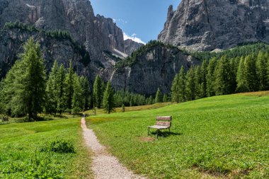 Alta Badia Vadisi 'ndeki dağ yolunda arka planda Sella Grubu, Dolomitler, İtalyan Alpleri