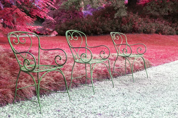Trois chaises et pelouse rouge — Photo