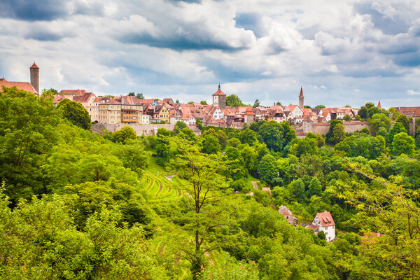 Beautiful view of the historic town of Rothenburg ob der Tauber, Franconia, Bavaria, Germany.