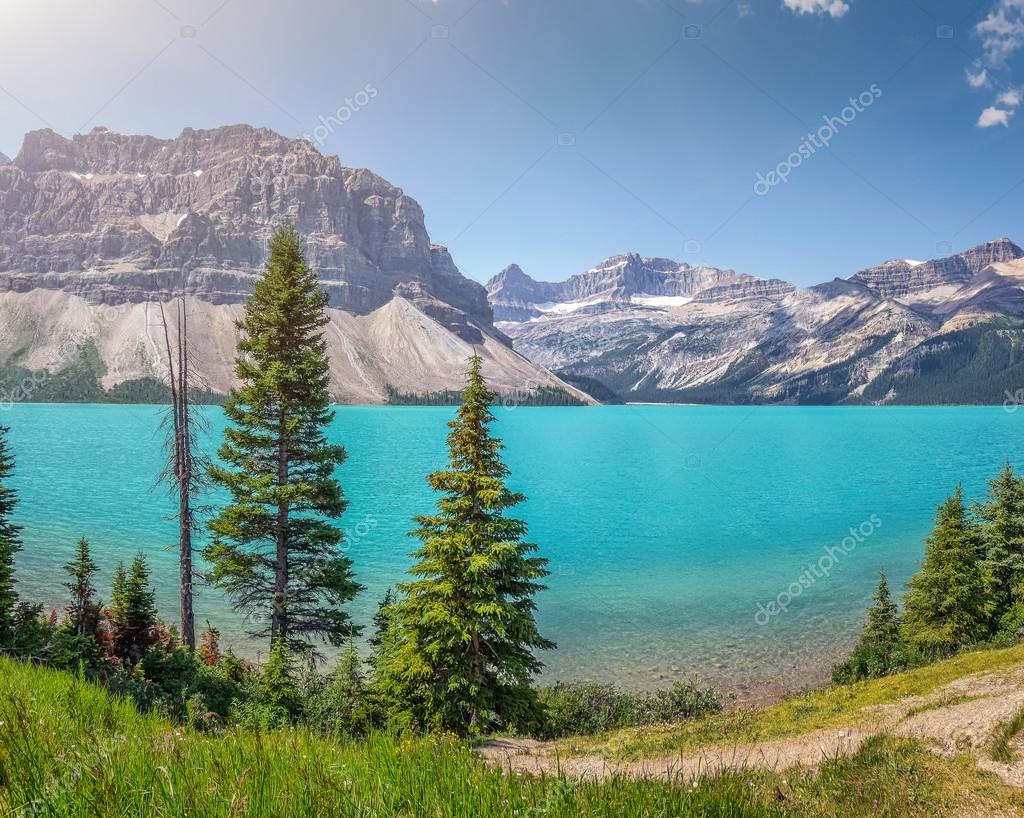 Bow Lake with Mountain Summit, Banff National Park, Alberta, Canada