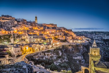 Matera Antik şehir dusk, Basilicata, Güney İtalya