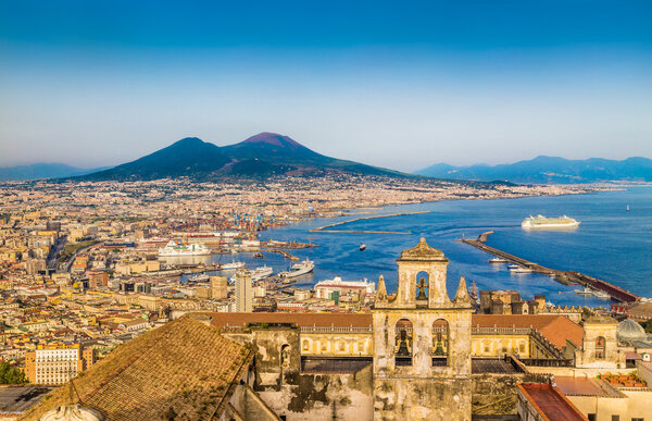 City of Napoli (Naples) with Mount Vesuvius at sunset, Campania, Italy