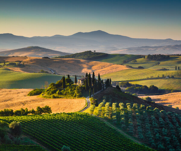 Scenic Tuscany landscape with rolling hills and valleys in golden morning light, Val d'Orcia, Italy