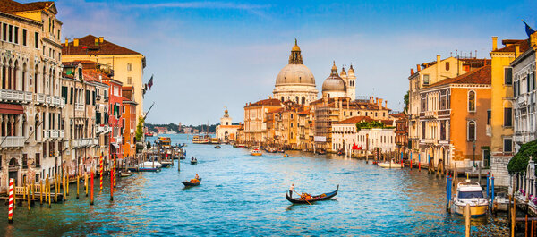 Canal Grande with Basilica di Santa Maria della Salute at sunset, Venice, Italy
