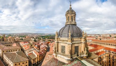 Aerial view of the historic city of Salamanca from the Top of Iglesia de la Clerecia at sunrise, Castilla y Leon region, Spain