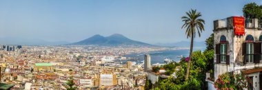 Aerial view of Napoli with Mount Vesuvius at sunset, Campania, Italy