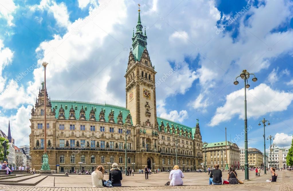 Beautiful view of famous Hamburg town hall with dramatic clouds 