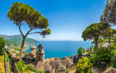 Scenic picture-postcard view of famous Amalfi Coast with Gulf of Salerno from Villa Rufolo gardens in Ravello, Campania, Italy clipart