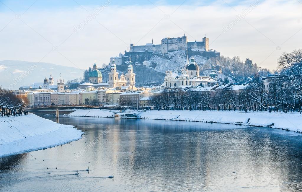 Salzburg skyline with Fortress Hohensalzburg in winter, Salzburg, Austria