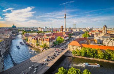 Berlin skyline panorama with Spree river at sunset, Germany