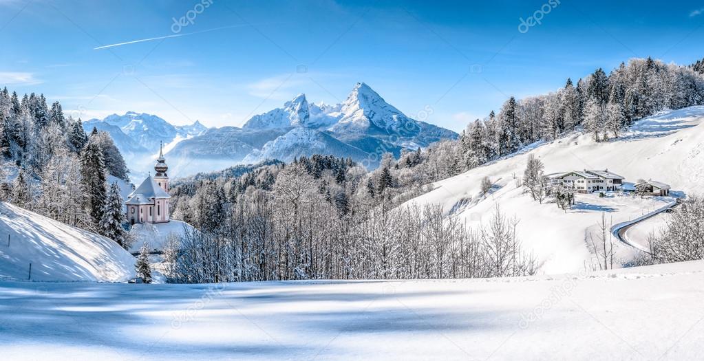 Winter landscape in the Bavarian Alps with church, Bavaria, Germany
