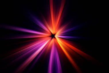 Abstract surface of a radial zoom blur in red, lilac, yellow tones on a black  background. Abstract bright background with radial, radiating, converging lines.   clipart