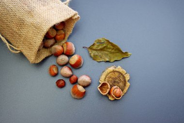 Fındıklar kabukta, keten bir çantada gri bir arka planda.