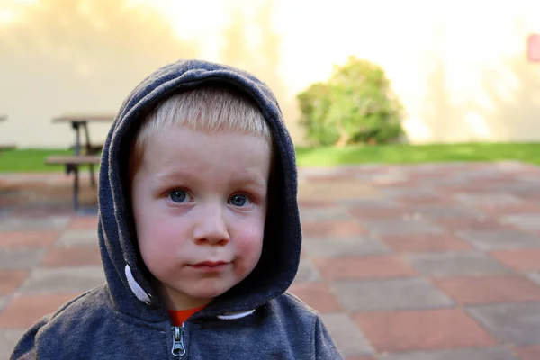 Portret Van Een Penetrante Jongen Een Kap Een Drie Jaar — Stockfoto