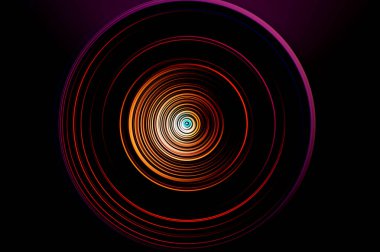 Soyut Radyal Hareket Görüntü, turuncu, kırmızı, mor ve mavi dairesel ışık halkaları ile siyah bir arkaplanda. dinamik girdap etkisi, fütüristik enerji akışı, dijital soyut doku.