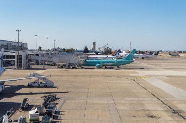 Türkiye, Antalya, 03.09.2021: Antalya Uluslararası Havaalanı yakınlarında park edilmiş uçaklar, yolcu uçakları