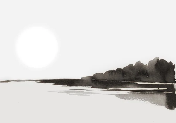 Akvarel solopgang på floden - Stock-foto