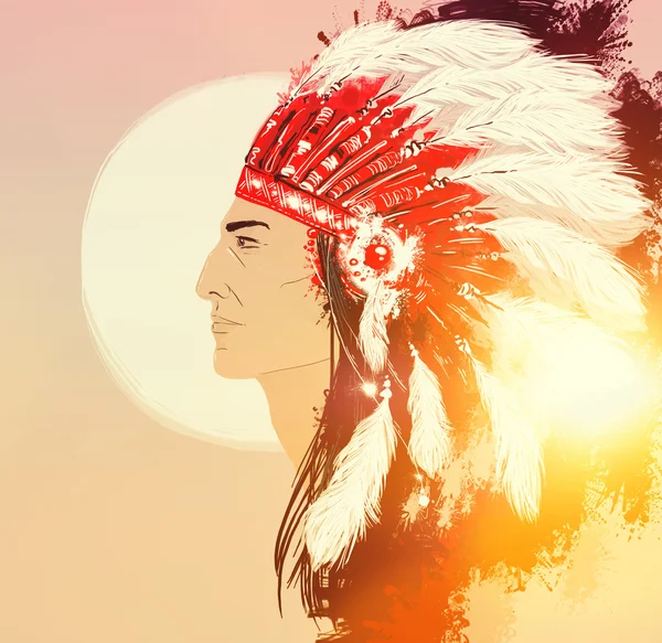 Portrait of Indian with  headdress with feathers — Stock Photo, Image