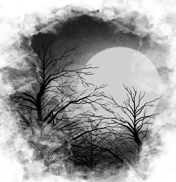 Scary moonlight night in fairy forest - digital mixed media artwork and watercolor texture for poster, fantastic cover design