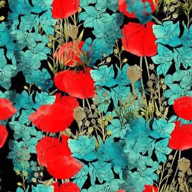 bouquet with poppies - seamless pattern clipart