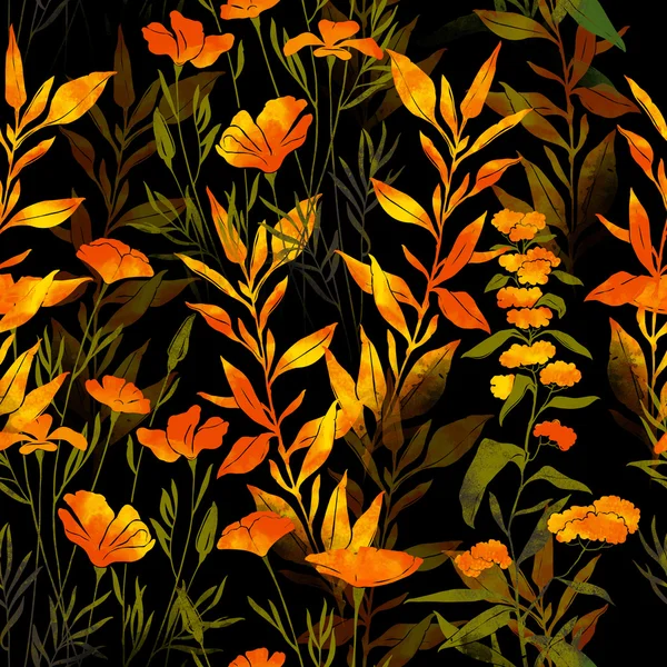 Flores de pradera y hierbas patrón sin costura —  Fotos de Stock