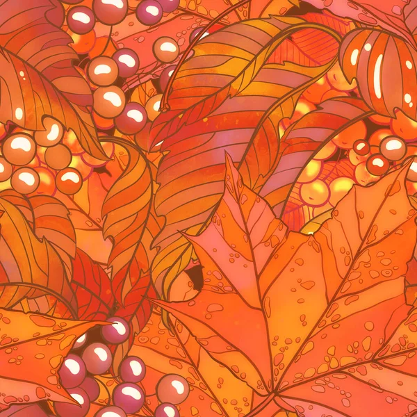 Podzimní Plynulý Vzor Digitální Čáry Ručně Kreslený Obrázek Akvarelovou Texturou — Stock fotografie