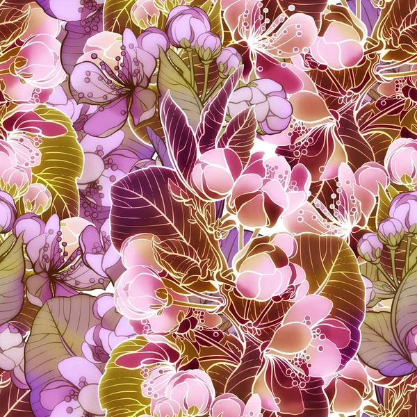 Sakura Nahtloses Muster Digitale Linien Handgezeichnetes Bild Mit Aquarellierter Textur — Stockfoto