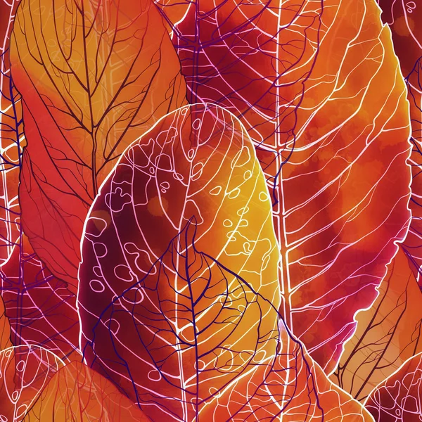 印象抽象奇异的嫩叶与静脉混合的重复无缝模式 数字式手绘水彩画 混合媒体艺术品 纺织品装饰和植物学设计的无限主题 — 图库照片