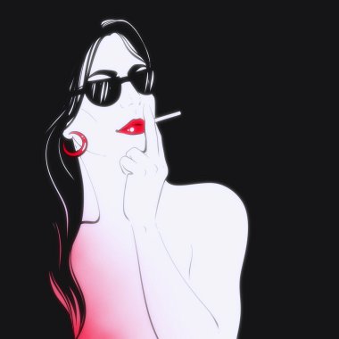 Genç, çıplak, güneş gözlüğü takan ve sigaralı bir kadın. Suluboya desenli dijital el çizimi. Karışık ortam çizimi ile metin için yer.