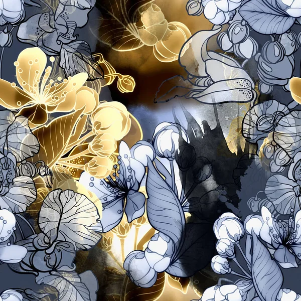 Imprints Wilde Bloemen Bladeren Mix Herhalen Naadloos Patroon Digitaal Met — Stockfoto