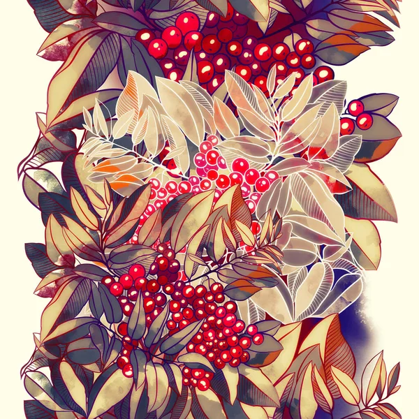 Vogelbeerblätter Und Beeren Mischen Sich Nahtlos Digitales Handgezeichnetes Bild Mit — Stockfoto