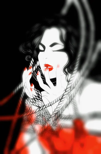 美少女とロープ シバリの芸術 水彩感のあるデジタル手描きの絵 メディア アートワーク — ストック写真