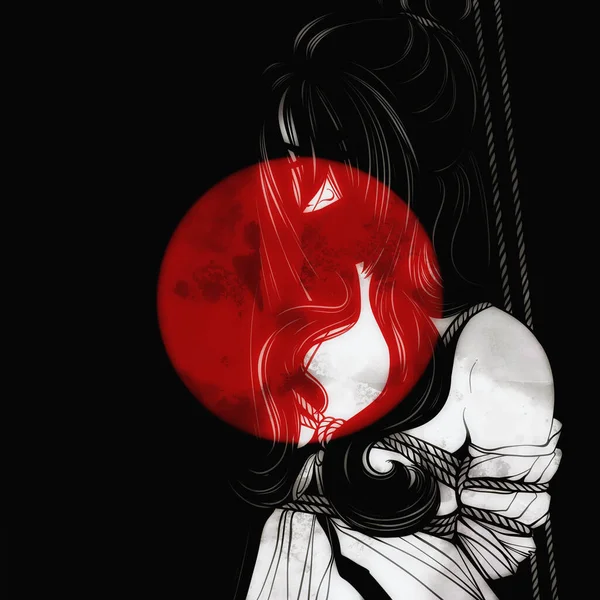 Csinos Lány Kötelek Shibari Művészete Digitális Kézzel Rajzolt Kép Akvarell — Stock Fotó