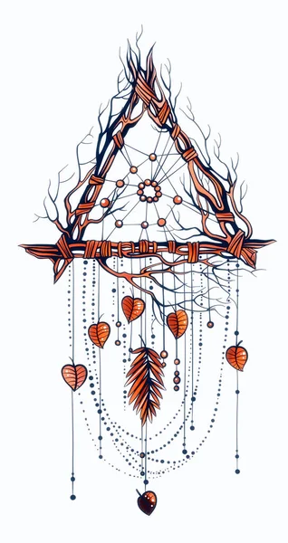 Indyjski Asymetryczny Chwytak Snów Liśćmi Wstążkami Koralikami Mistyczny Amulet Ręcznie — Zdjęcie stockowe