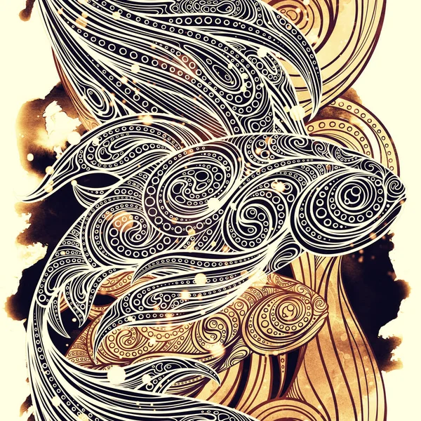Abstract Waves Ornamental Fish Seamless Pattern Digital Lines Hand Drawn — Stock Photo, Image