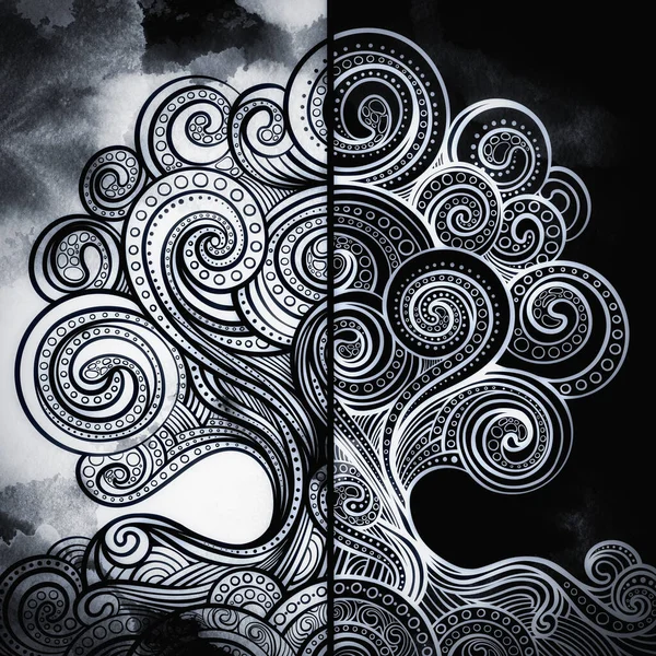 Decorative Magic Tree Ornamental Technique Line Art Waves Curls Hand — Stock Photo, Image