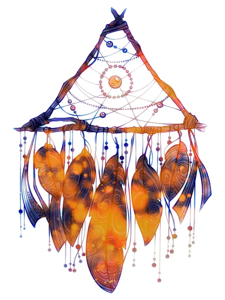 Indian dream catcher with ornamental feathers, ribbons and beads. Digital hand drawn picture with watercolour texture, spots and splashes. Mixed media artwork.