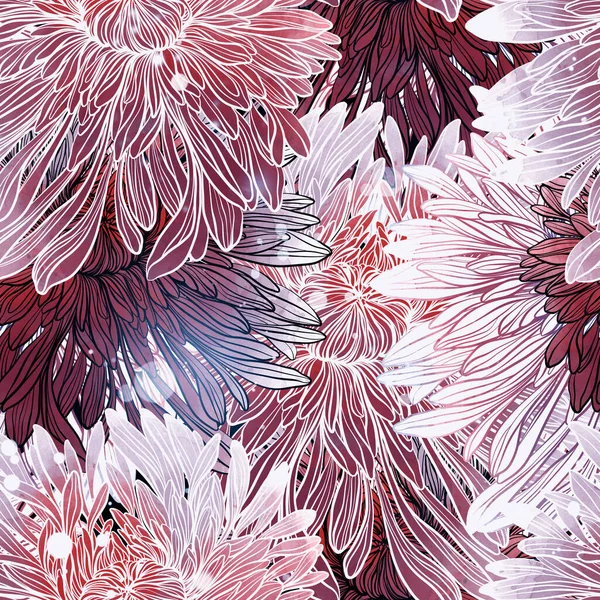 Japonské Chryzantémy Květiny Bezešvé Vzor Digitální Čáry Ručně Kreslený Obrázek — Stock fotografie