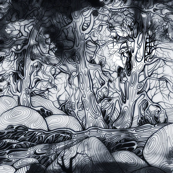 昼間の夜には魅惑的な森 デジタルラインは水彩テクスチャで絵を手描き メディア アートワーク — ストック写真